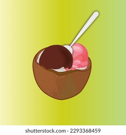 Refreshing summer concept, coconut with a scoop of chocolate and strawberry ice cream on a yellow background
