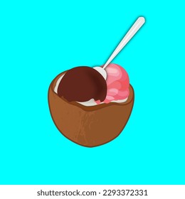Refreshing summer concept, coconut with a scoop of chocolate and strawberry ice cream on a blue background
