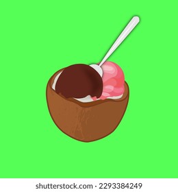 Un concepto de verano refrescante, coco con una cuchara de chocolate y helados de fresa sobre un fondo verde