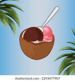 Refreshing summer concept, coconut with a scoop of chocolate and strawberry ice cream on a green background