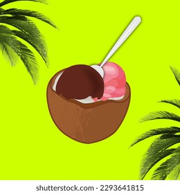 Un concepto de verano refrescante, coco con una cuchara de chocolate y helados de fresa sobre un fondo verde
