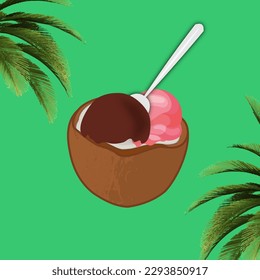 Refreshing summer concept, coconut with a scoop of chocolate and strawberry ice cream on a green background