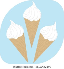 Refreshing summer dessert three ice cream cones. Vector illustration