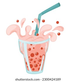 Refreshing summer drink. Bubble tea with a straw and drops. Ideal for printing, cafes, menus and restaurants. Cartoon Vector Illustration 