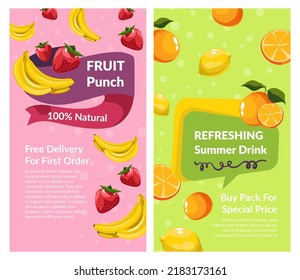 Refreshing summer drink, fruit punch free delivery for first order. Lemonade and tasty organic sweet beverages for cooking. Oranges and lemons, banana and strawberries flavor. Vector in flat style