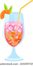 Refreshing summer drink in a glass with ice cubes, orange slices, mint leaves and a straw. Cool beverage for hot weather vector illustration.