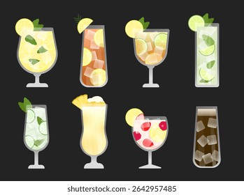 Refreshing summer drink set of 8 non-alcoholic beverages including Cold Brew, Lemonade, and Virgin Mojito. Isolated on black background.
