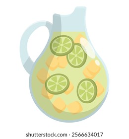 Refreshing summer drink with slices of lime and pieces of pineapple in glass jug