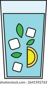 Refreshing Summer Drink Vector Illustration with Ice Cubes, Lemon Slice, and Mint Leaves in Glass for Beverage Menu and Healthy Lifestyle Design