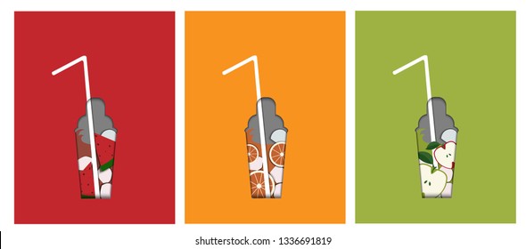Refreshing summer drink with 
watermelon, Orange, apple in jug and glasses paper cut and craft style.  vector