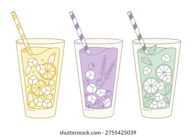 Refreshing Summer Drinks with Lemon Mint and Lavender Berry Flavors. Isolated Fruit beverage in Glass with striped Straw and Ice Cubes. Vector Illustration