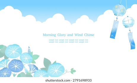 Refreshing summer frame illustration featuring morning glories, a Japanese wind chime, and a blue sky atmosphere. A seasonal Japanese background design with copy space, suitable for banners, greetings, and summer promotions.