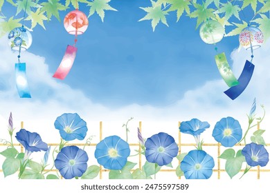 A refreshing summer greeting illustration of wind chimes and morning glories with a watercolor touch