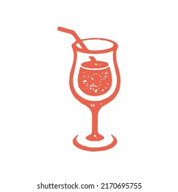 Refreshing summer juice cocktail in elegant goblet with straw red hand drawn grunge texture vector illustration. Fresh tasty alcohol drink with ice for summertime bar party or nightclub isolated