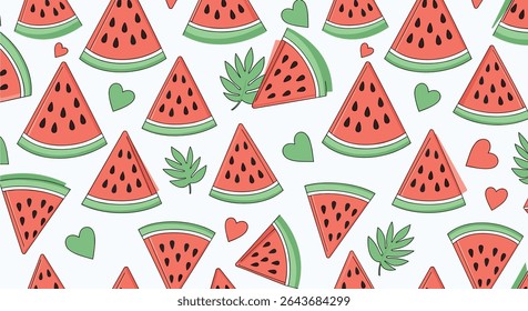 Erfrischende Sommer Muster von Wassermelonen Herzen und Blätter für Textil-Design Hintergrunddekoration