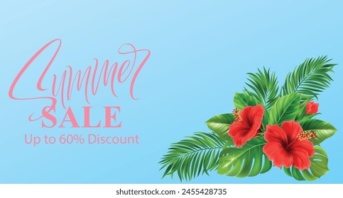 Refreshing summer sale up to 60% off discount template. Composition of green leaps and red flowers. isolated on skyblue background vector illustration