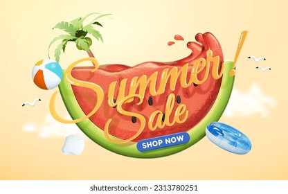 Refreshing summer sale promotion poster. Calligraphic letters floating in front of juicy sliced watermelon and beach objects on light orange background.