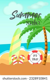 Refreshing summer sale template. Composition of board with cute beach object and swimming pool. Concept of island vacation.