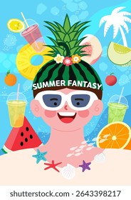 Refreshing Summer Vacation with Cute Character Wearing Watermelon Hat