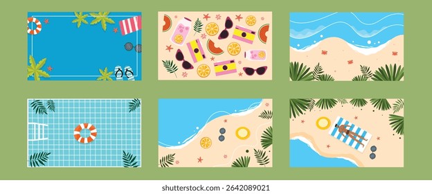 A refreshing summer vibes bundle featuring pools floaties sand and tropical leaves in vibrant bright colors