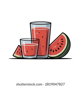 Refreshing summer watermelon juice in two glasses, served with fresh ripe slices of watermelon. Vector illustration.