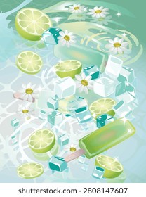A refreshing summertime digital illustration featuring green popsicles, lime slices, ice cubes, and small white daisy flowers floating on sparkling turquoise water. The image has a cool, crisp, and vibrant aesthetic perfect for hot weather.