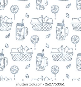 Refreshing summertime drinks in stylish baskets on a light background with festive details