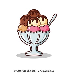 Eine erfrischende Schüssel gefüllt mit mehreren Schüsseln Eis in verschiedenen Geschmacksrichtungen, mit reichhaltiger Schokoladensauce und einem Löffel.