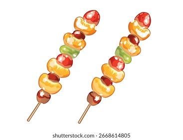 Refreshing tanghulu skewers loaded with strawberries, oranges, and grapes for a delightful summer treat.