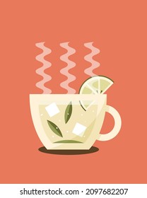 Refreshing tea with pieces of sugar, slice of lemon and mint in a cup flat simple vector icon isolated on red background