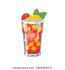 Refreshing Tomato Juice with Sweet Corn Topping and Fresh Herbs Illustration Isolated on White Background