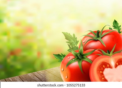 Refrescante elementos tomates, tomates em mesas de madeira em ilustração 3D, fundo bokeh