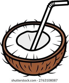 Refreshing tropical coconut drink with a straw halfopened showing its white flesh