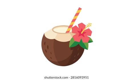 Refreshing tropical coconut drink with a straw and hibiscus flower for summer holidays or beach parties with vibrant colors and exotic appeal