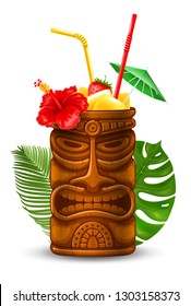 Cóctel Tropical Frío Tiki. Ilustración vectorial. Aislado En Fondo Blanco.