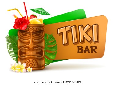 Refreshing Tropical Cold Tiki Drink Cocktail. Tiki Bar Label. Vector Illustration. Isolated On White Background.