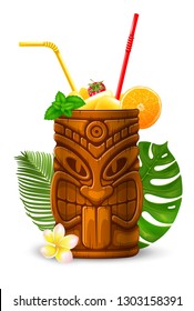 Refreshing Tropical Cold Tiki Drink Cocktail. Vector Illustration. Isolated On White Background.