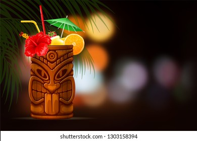 Refreshing Tropical Cold Tiki Drink Cocktail On Summer Night Blurred Background. Vector Illustration. 