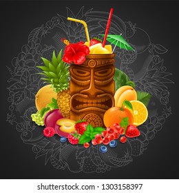 Refrescante Cóctel Tropical Frío Tiki Bebida Con Frutas En El Fondo De La Pizarra. Ilustración vectorial. 