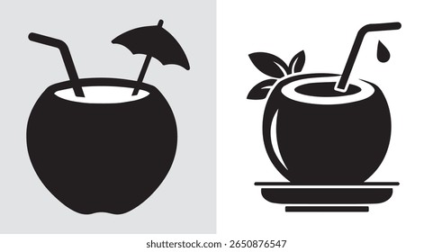 A Refreshing Tropical Delight Black and White Coconut Drinks Featuring Straws and a Drink Umbrella, a Classic Beverage Choice.