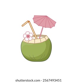 Refreshing tropical drink served in coconut with colorful umbrella and straw for summer enjoyment. Isolated vector illustration.