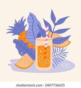 Lemonada de fruta tropical fresca en un vaso de vidrio. Piña, hojas verdes