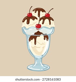 Un refrescante helado de vainilla servido en un plato de vidrio, cubierto con una rica salsa de chocolate y cerezas rojas brillantes.