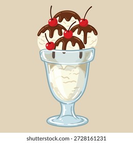 A refreshing vanilla ice cream sundae served in a clear glass dish, topped with rich chocolate sauce and bright red cherries.