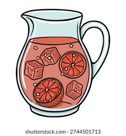 Refreshing vector illustration of a glass pitcher filled with pink lemonade, ice cubes, and grapefruit slices.