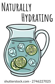 Refreshing vector poster of a glass pitcher filled with cool water, ice cubes, and vibrant cucumber slices, with the text 