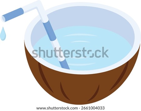 A refreshing and vibrant 2D icon of a halved coconut filled with clear liquid, complete with a blue and white striped straw and a droplet. This illustration evokes a tropical and summery feel