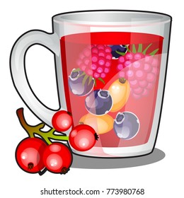 A refreshing vitamin drink on the basis of berries isolated on white background. Healthy and delicious organic fitness nutrition. Vector cartoon close-up illustration.