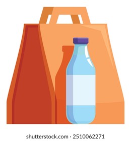 Refreshing water bottle standing next to brown paper bag for food delivery service
