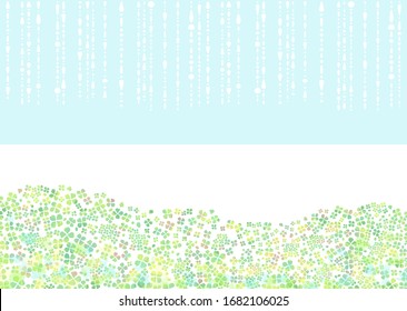 Refreshing watercolor style background illustration. Gentle rain, fresh green clover, light green hydrangea flowers